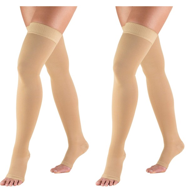 Truform 0848 Stockings, Thigh high High, Open Toe, Dot Top: 30-40 mmHg, Beige, Large (Pack of 2)