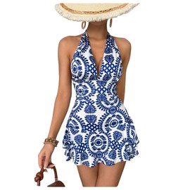 Milumia Women's Boho Floral Print Backless Halter Neck Sleeveless Ruffle Hem Rompers Blue Medium