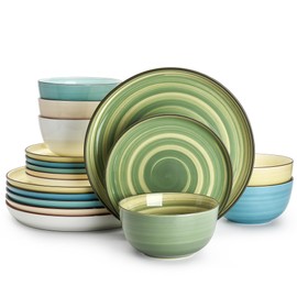 Sweese Plates and Bowls Sets, 18 Piece Dinnerware Set Porcelain Round Dinner Set for 6, Scratch Resistant Dishes Set, Dishwasher and Oven Microwave Safe Handpainted Swirl Dishware Sets, Assorted Green