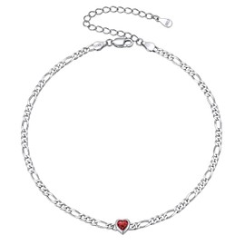 ChicSilver Sterling Silver Anklets for Women January Garnet Heart Ankle Bracelet Figaro Chain Anklet for Women
