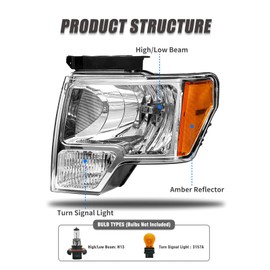 ADCARLIGHTS Headlight Assembly for 2009-2014 Ford F150 Pickup Headlamp fit for 09-14 Ford F150 Clear Lens Chrome Housing with Amber Reflector Headlights OE Replacement Left and Right Pair