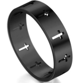 6mm Stainless Steel Carved Christian Cross Religious Wedding Band Ring (Black, 8)