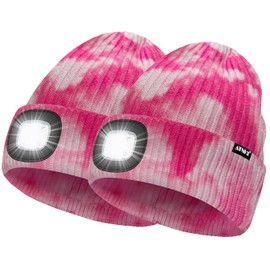 ATNKE 2Pcs LED Lighted Beanie Hat,USB Rechargeable 4 LED Running Headlamp Bright Cap with Light Gifts for Men and Women/#Tie Dye Pink