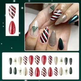 RIICFDD Christmas Press on Nails Medium Fake Nails Almond Shape False Nails Xmas Tree Glue on Nails Red Green Stripe Stick on Nails Full Cover Glitter Acrylic Nails for Women Nail Decor 24 Pcs