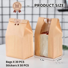30PCS Paper Bags for Homemade Bread, Sourdough Bakery Bags with Window, Large Kraft 13.7x8.3x3.5in, for Bread, Includes 50 Sealing Stickers (30)