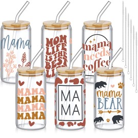 SiliFine 6 Pcs Mama Drinking Party Glasses 16 oz Glass Cup with Bamboo Lid and Glass Straw Can Shaped Beer Glass Reusable Smoothie Cup for Women Teenager Party Birthday Gift