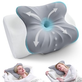 BDEUS Cervical Neck Pillow for Sleeping Ergonomic Pillow Memory Foam Pillows Side Sleeper Pillow for Neck Pain Relief Sleep Apnea Pillow Butterfly Arm Grooves Dual Height, Grey