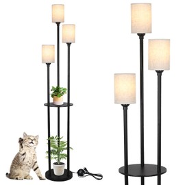 Stepeak Floor Lamp with Shelves, Modern Floor Lamps for Living Room, 3-Lights Standing Lamp with Linen Shade and Foot Switch, Industrial Standing Lamps for Bedroom, Black Tall Table Lamp for Office