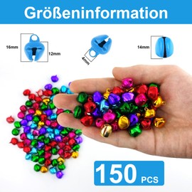 Pack of 150 Metal Bells, 14 mm Bells with Eyelets, with 20 m Colourful Rope, Craft Bells Small Bells Christmas Bells for Festival Decorations, Jewellery Making, Dog Collars (7 Colours)