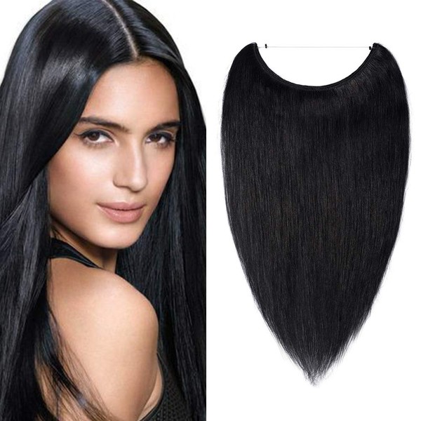 SEGO Real Hair Extensions with Invisible Wire, 1 Weft Hairpiece, Remy Hair Thickening, Straight, Black #1-1, 18 Inches (45 cm), 65 g