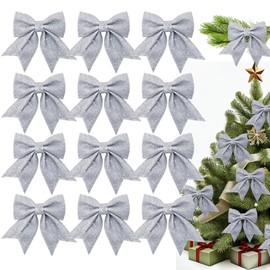 BGTLJKD Pack of 12 Christmas Bows Glitter Bows Christmas Tree Bow Decorative Bow for Gifts Christmas Tree Decoration for Home Festival Party Tree Wreath Decorations (Silver)