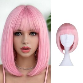 Hanaoops Women's Short Bob Wig with Fringe 30 cm Natural Straight Wigs Colourful Synthetic Hair Wigs for Carnival Cosplay Theme Party Daily Use (Pink)