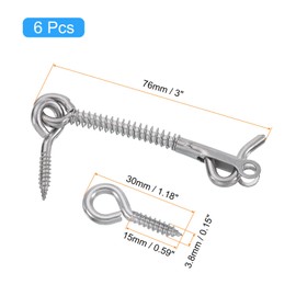 sourcing map 6Pcs Safety Hook and Eye Latch, 3" Stainless Steel Gate Hook and Eye Latch with Spring Lock for Family Farm Gate, Bathroom Doors, Barn Doors