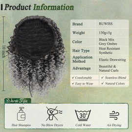 RUWISS Drawstring Ponytail Afro Frizzy Curly Ponytail for Women, 25 cm Synthetic Hairpiece with Clip-in Jerry Curls Afro Puff Ponytail Extensions (Black Mix Grey Ombre)