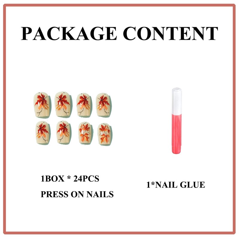 MERVF Fall Press on Nails Medium Square, Maple Leaf Fake