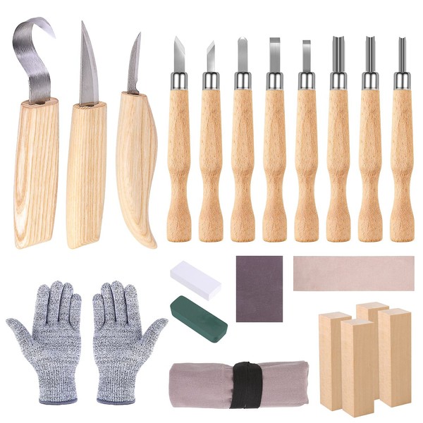 Wooden Carving Tool Set, 21 Pieces Carving Knives, Wood Carving Set with Sharpening Stones for Adults Children, Carving DIY Carving Set with Cut Resistant Gloves