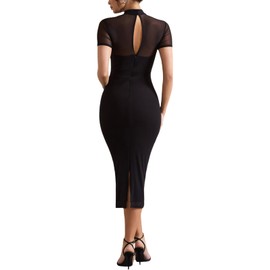 Women's Casual Mesh Elastic Double Layer Mock Neck Short Sleeve Keyhole Back Slit Midi Bodycon Dress Black