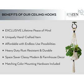 RTZEN Plant Hangers Indoor or Outdoor - Wrought Iron Metal Hanger Indoor Hook - Heavy Duty Wall Bracket Hooks for Hanging Plants Baskets Lanterns Wind Chimes - 2 Pack (Large Black Ceiling Hooks)