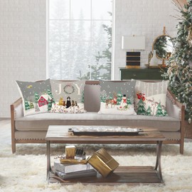 Bonhause Grey Winter Christmas Cushion Covers 45 x 45 cm Snowy Pine Tree Snowman Reindeer Decorative Throw Pillow Covers Polyester Linen Pillowcases for Sofa Bed Holiday Decor Set of 4