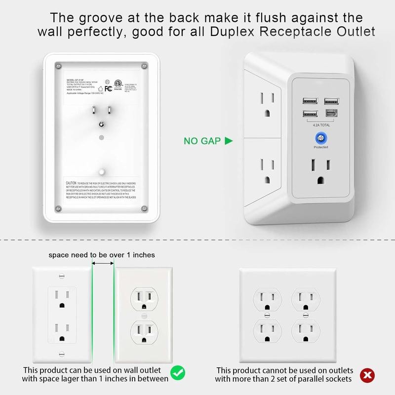 5-Outlet Surge Protector Wall Charger with 4 USB Ports -