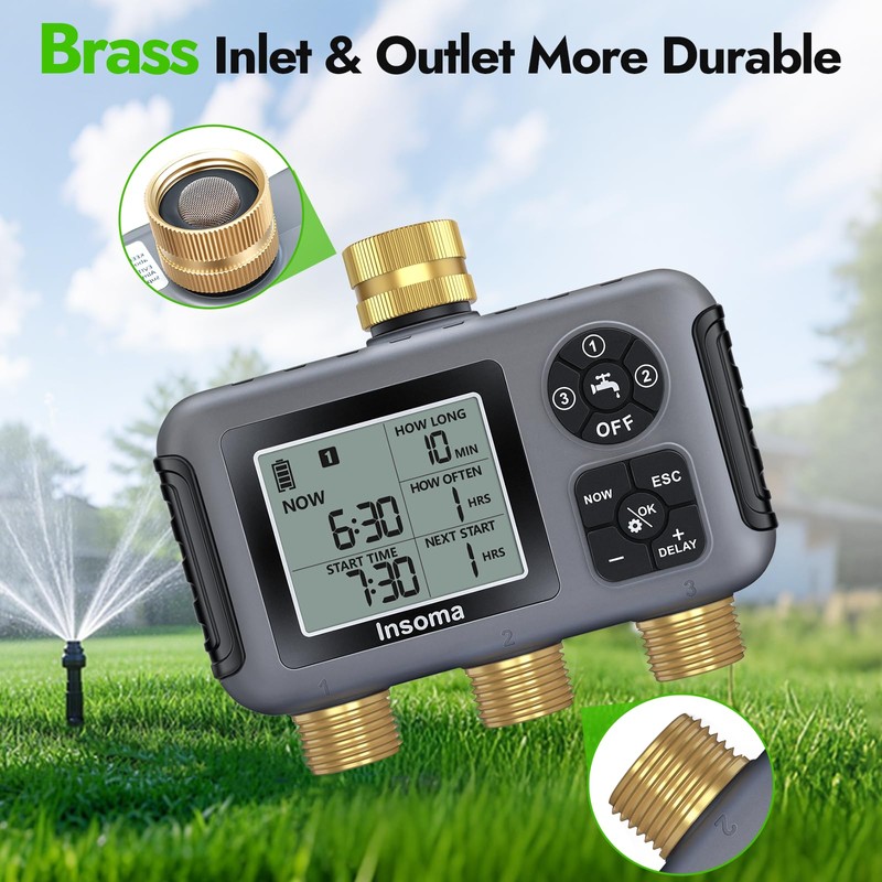 Insoma Water Timer with Brass Inlet, 3 Independent Zones Outdoor