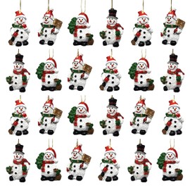Snowman Hanging Christmas Tree Ornaments - Set of 24 Xmas Snowmen with Red, Green and Gold Accents – Four Assorted Designs - 1.25 Inches Tall