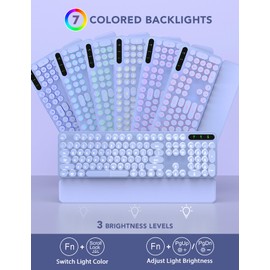 Wireless Keyboard and Mouse Backlit - Typewriter Keyboard with Retro Round Keycaps, Detachable Wrist Rest, Light Up Letters, 2.4G Rechargeable Combo for Mac, Windows, PC, Laptop, Trueque (Purple)