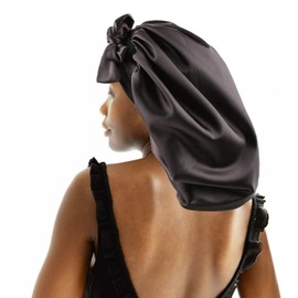Greatremy Scrunchie Behind Ear - Bufanda de satén sedoso de doble capa para dormir, gorro extragrande, trenzas de pelo largo, con banda de corbata, para mujer, color negro, Negro H, X-Large