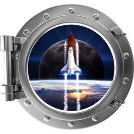 12" Port Scape 3D Instant Window View Space Shuttle #2 Silver Porthole Wall Decal Removable Wall Sticker NASA Spaceship Wall Art Boys Bedroom Man Cave Decor