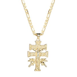 kelistom 14K Gold Plated Catholic Caravaca Crucifix Cross Charm Pendant with Cherub Angel Necklace for Women Men 3mm Flat Figaro Chain Necklace 18/22 inches