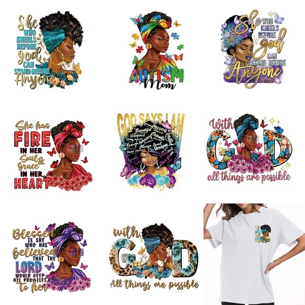 LYINGUO 8PCS Black Girls Iron On Transfers,DTF Transfers Ready to