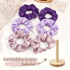 BONNET QUEEN Satin Scrunchies 6-Pack Hair Scrunchies for Women, Soft Hair Ties & Ponytail Holders Elastic Hair Band for Thick & Thin Curly Hair, Deep Purple&Purple&Grey Rose Gold