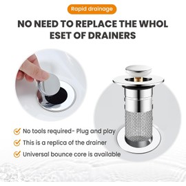 Sink Drain Strainer Hair Catcher Bathroom Sink Stopper Pop Up Sink Drain Filter with Removable Stainless Steel Filter Basket Floor Drain (Silver, One Size)