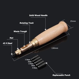 Flycppo Automatic Leather Hole Punch, Leather Hole Punch, Automatic Hole Punch Set, Wooden Handle, 6-in-1 Automatic Hole Punch, Round Hole Chisel for Belts, Sewing, Paper, Leather, Crafts (1.5 mm - 4