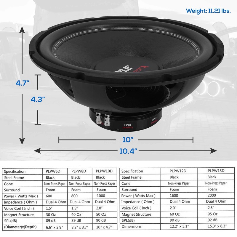 Pyle 10" Car Audio Speaker Subwoofer - 1000 Watt High