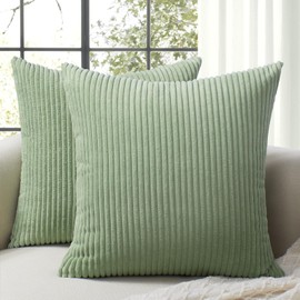 Softalker Throw Pillow Covers 16x16, Set of 2 Decorative Soft Corduroy Striped Boho Spring Pillow Cover, Modern Cushion Covers for Farmhouse Home Decor Couch Sofa Bed Living Room, Sage Green