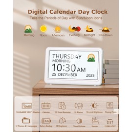 Roxicosly Dementia Clock with Date Day,20 Custom Alarms 20 Reminders,7" Digital Calendar Clock with Sun/Moon icons,12 Themes 9 Colors,10 Levels Auto Dimmer,18 Ringtones,HD Picture Frame