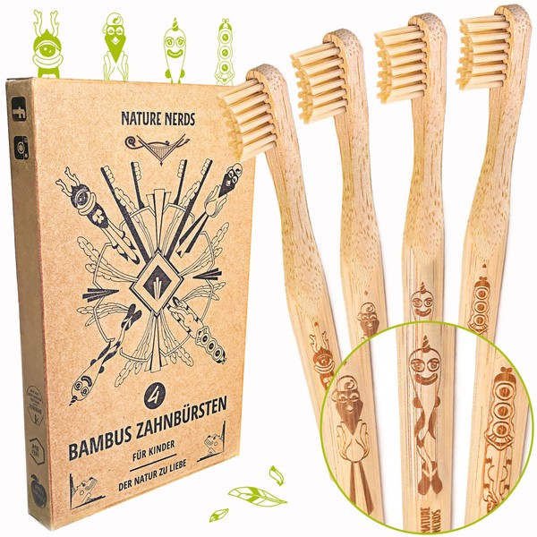 Nature Nerds - Small bamboo toothbrushes for children in a set (pack of 4) / degree of hardness: soft / made from sustainable bamboo