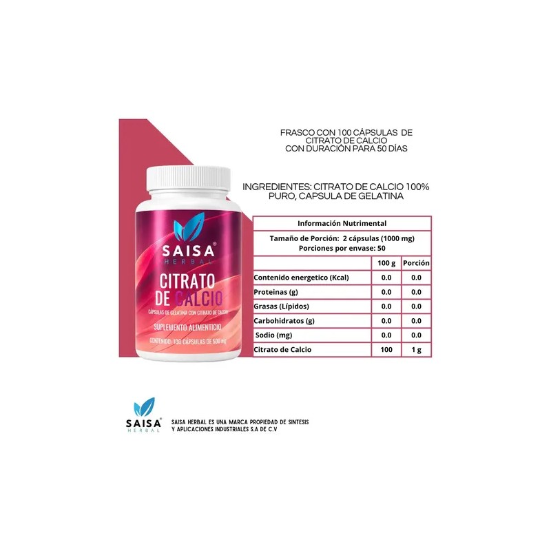 Citrato de Calcio Saisa Herbal, Suplemento para Huesos y Dientes