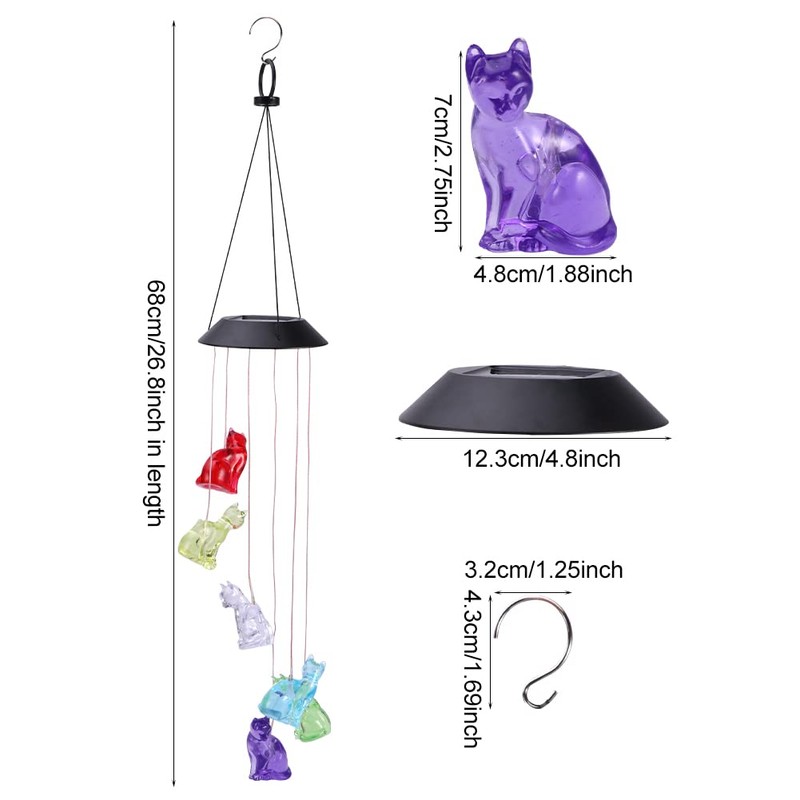 Solar Cat Wind Chimes, 6 LED Cat Memorial Wind Chimes