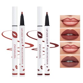 ZHISHUDL 2PCS Lip Tint Stain Marker Dark Red Matte Liquid Lipstick & Lip Liner Pencil Long Lasting Waterproof Lip Liner Stain Non-Stick Cup Lip Makeup Stain Liner Marker + 01Dark Red + 06 Cherry Red