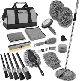 THINKWORK Car Wash Kit, Car Washing Brush with Long Handle, Extendable Car Wash Brush Mop with 2-in-1 Windshield Squeegee and 9Pcs Detailing Brushes, Gray Car Detailing Kit Gift for Men