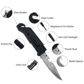 ALBATROSS 6-in-1 Modern Damascus Steel Folding Pocket Knives with LED Light,Seatbelt Cutter,Glass Breaker,Magnesium Fire Starter,Bottle Opener;Multi-Function Emergency Tool(Black-DA)