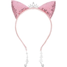 Girls Headbands Cat Cat Ear Headband Glitter Sequin Animal Ears Headband Wedding Bridal Tiara Headband Hair Hoop with Lace and Pearl Pendant for Women Girls Headbands Cat Ears (Pink, One size)