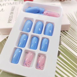 Acrylic Press on Nails Square Medium Length False Nails with Designs Pink Fake Nails Summer Cute Glue on Nails Pink Blue Full Cover Artificial Nails Glossy Stick on Nails for Women and Girls 24 Pcs