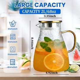 Glass Pitcher with Lid, 68 oz/2L Large Capacity, Textured Design with Gold Handle, Dishwasher Safe, for Water, Juice, Coffee, Milk, Tea