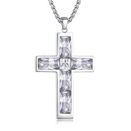 BAMIKI Mens Cross Necklace, Solid Iced Cubic Zirconia April Birthstone 316L Stainless Steel Pendant for Women, Hypoallergenic Faith Jewelry Gifts Box Chain 24 Inch