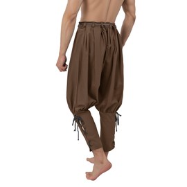KUOIN Medieval Renaissance Ankle Banded Pants for Men Linen Pirate Loose Trousers Bottoms (US, 数值高度, Brown)