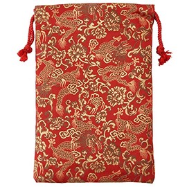 Senitosuin Nishijin Textile Brocade Drawstring Bag (Lined), Red Gold Dragon, Medium Size