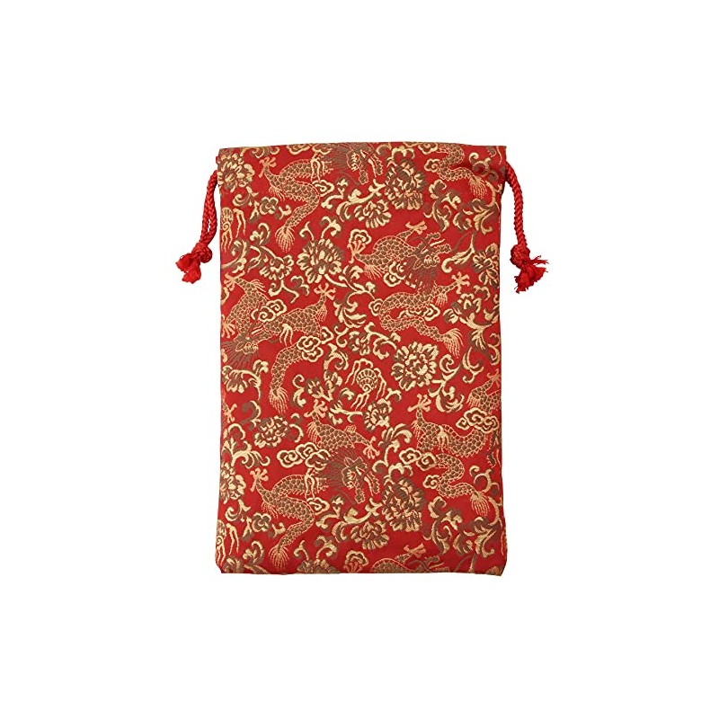 Senitosuin Nishijin Textile Brocade Drawstring Bag (Lined), Red Gold Dragon,